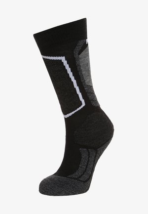 Czarno-szare skarpetki w wzór z wzmocnionym palcem i piętą, z białymi akcentami i teksturowanym wzorem dla lepszej przyczepności.