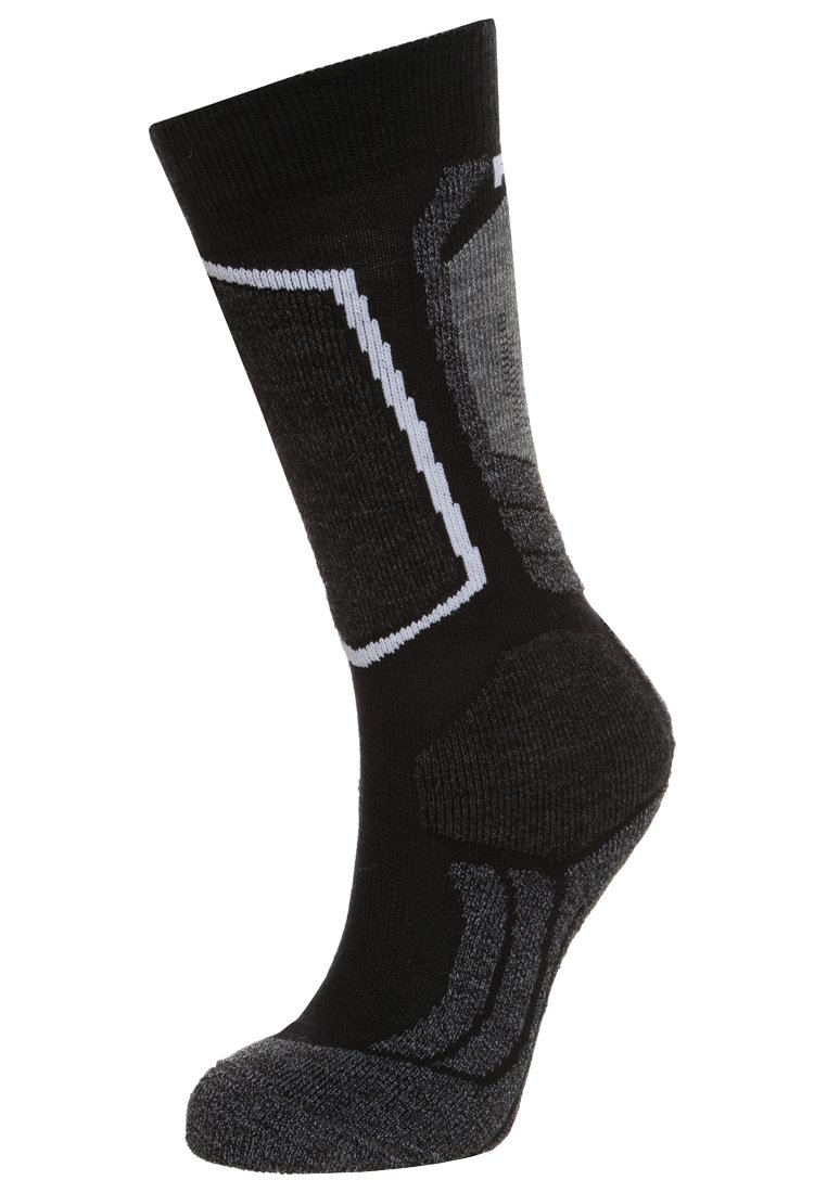 Calcetín de patrón negro y gris con punta y talón reforzados, que presenta acentos blancos y un diseño texturizado para mayor agarre.