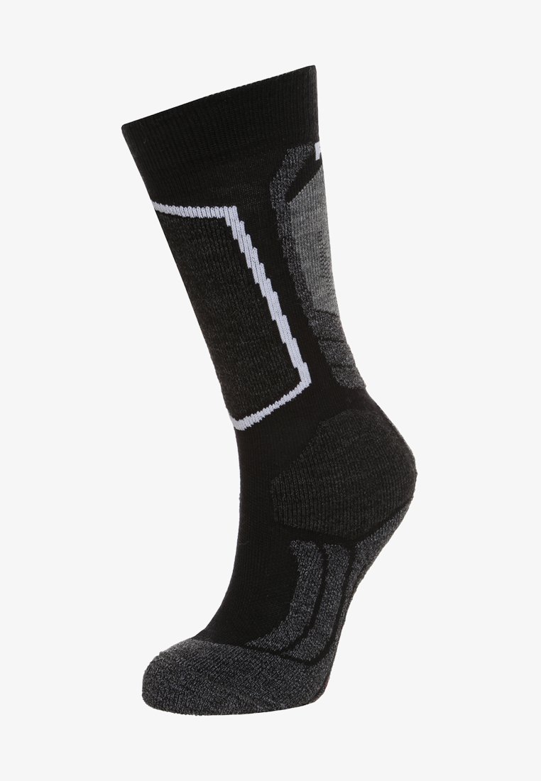 Svart och grå mönstrad strumpa med förstärkt tå och häl, med vita accenter och en texturerad design för ökat grepp.