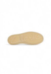 Semelle de chaussure Clark en caoutchouc jaune clair avec des rainures texturées. Présente le nom de la marque "Clarks" embossé au centre. Design de bord circulaire.