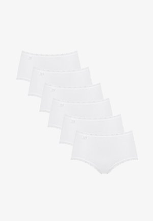 Pack mit fünf weißen Baumwollslips, die mit einem gewellten Spitzenbesatz am Bund für zusätzlichen Details versehen sind. Glatte Textur und klassischer Schnitt.