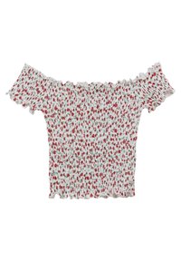 Off-the-shoulder, fitted top in white with red floral print. Ruffled edges with smocked texture, short sleeves, lightweight fabric.