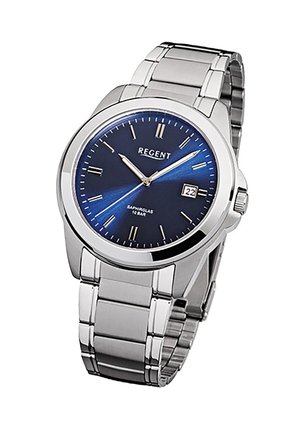 Silver metal wristwatch with a round, blue sunburst dial, silver indices, and date display. Features a stainless steel bracelet.
