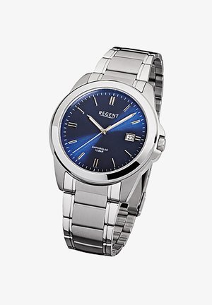 Silver metal wristwatch with a round, blue sunburst dial, silver indices, and date display. Features a stainless steel bracelet.