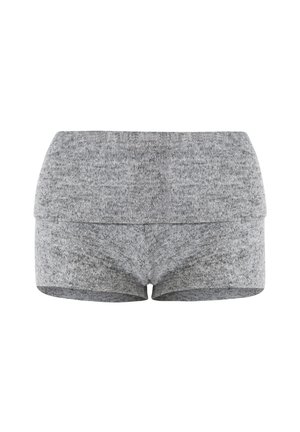 Harmaat, pehmeät kangasshortsit, joissa on kirjailtu kudos ja leveä vyötärönauha sekä istuva malli. Sopii rentoon käyttöön tai kotivaatteeksi.