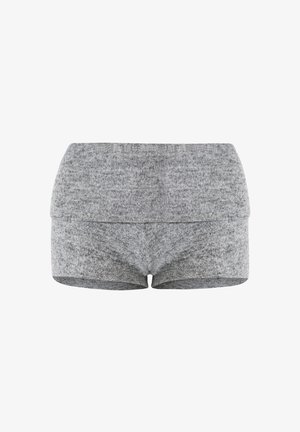 Harmaat, pehmeät kangasshortsit, joissa on kirjailtu kudos ja leveä vyötärönauha sekä istuva malli. Sopii rentoon käyttöön tai kotivaatteeksi.