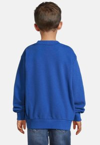 Blå sweatshirt gjord av mjukt tyg med ribbad rund hals och muddar. Har en avslappnad passform och långa ärmar, i kombination med jeans.