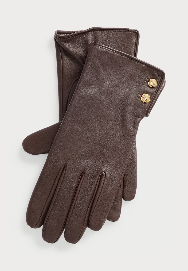 Barna bőrkesztyűk sima felülettel, illeszkedő formával és két arany gomb díszítéssel a csuklón.