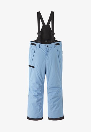 Šviesiai mėlyni sniego keliai su juodais reguliuojamais petnešomis, užtrauktukais kišenėse ir siaurėjančiu dizainu. Tekstūruota medžiaga, tinkama šaltam orui.