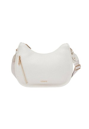 Witte schoudertas in halvemaanvorm met gouden ritssluiting en verstelbare riem, met subtiel "LIU JO"-logo aan de voorkant.