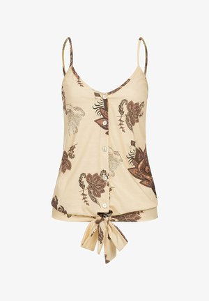 Camisola beige con estampados florales marrones, botones delanteros, tirantes finos y un nudo atado en el dobladillo.