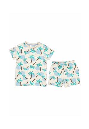 Småbarns kortærmede skjorte og shorts sæt med turkis palmeblad og blå cirkelmønster på cremefarvet baggrund.
