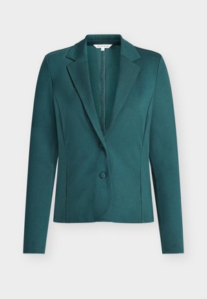 Türkisfarbener Blazer aus glattem Stoff, mit Reverskragen, einreihiger Knopfleiste und tailliertem Schnitt mit langen Ärmeln.