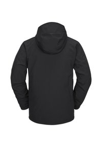 Schwarze wasserdichte Jacke mit Kapuze, ausgestattet mit langen Ärmeln und elastischen Bündchen. Glatte Textur, schlichtes Design und keine sichtbaren Beschläge oder Muster.
