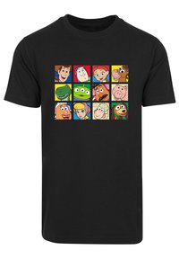 Black short-sleeve t-shirt featuring a colorful grid of cartoon character faces printed on the front in various squares.