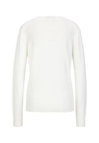 Weißer Strickpullover mit langen Ärmeln, gerippten Bündchen und Saum, verfügt über eine glatte Textur und ein einfaches, klassisches Design.