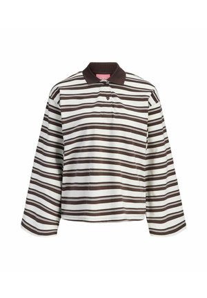 Langermet polotrøye med horisontale brune og hvite striper, knappelukking foran og en mørkebrun krage. Laget av mykt stoff.