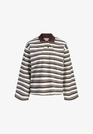 Garām piedurknēm polo krekls ar horizontālām brūnā un baltā krāsā svītrām, pogu aizdari priekšpusē un tumši brūnu apkakli. Izgatavots no mīksta auduma.