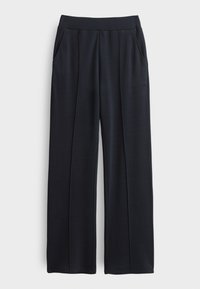 Zwarte wijde pantalon met een gladde textuur, voorzien van een zachte elastische tailleband en dubbele zijzakken, ontworpen met voorplooien.