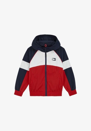 Rot, weiß und marinefarbener Windbreaker-Jacke mit Kapuze. Verfügt über elastische Bündchen, einen Reißverschluss vorne und ein Farbkasten-Design mit einem Logo auf der Brust.