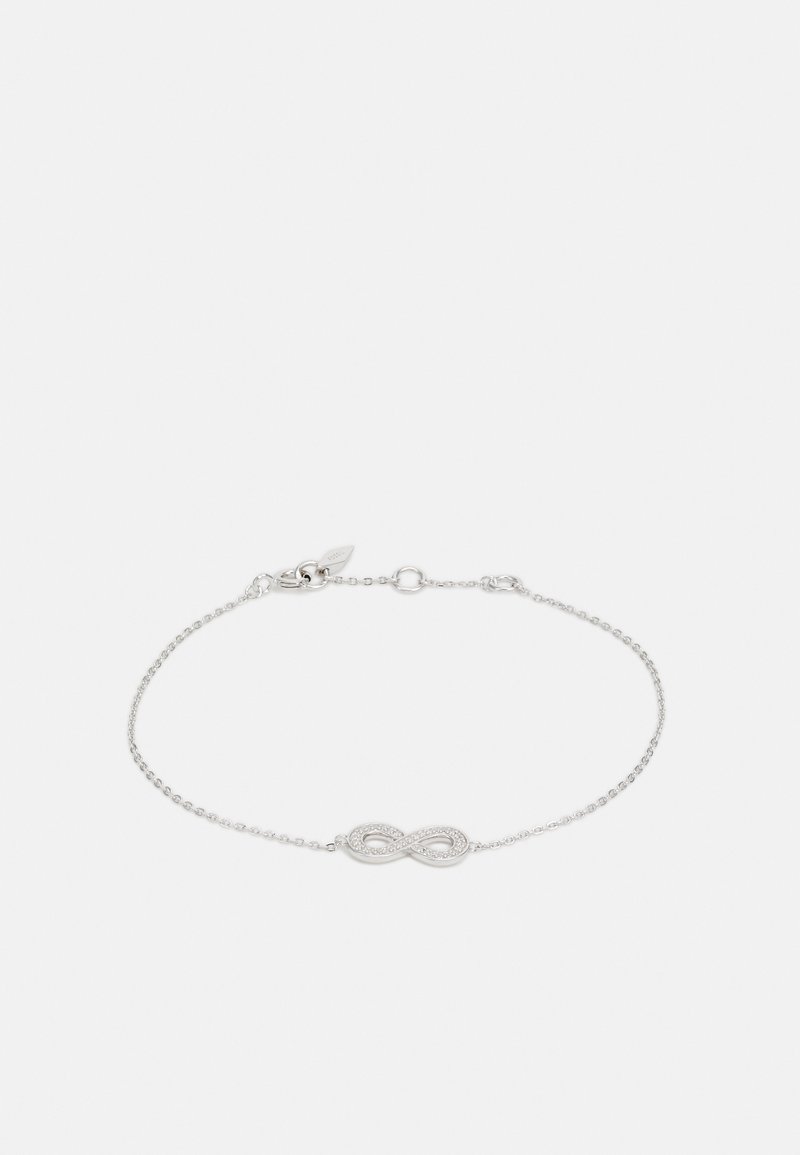 Silberarmband mit einem Unendlichkeitssymbol als Mittelpunkt, das eine zarte Kette und einen Verschluss aufweist. Das Symbol ist mit kleinen Edelsteinen geschmückt.