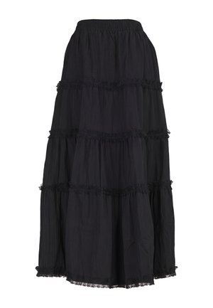 Sort lagdelt maxinederdel med elastisk talje og blonder langs hver lag og kant.