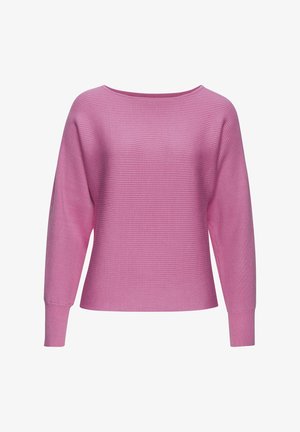 Pull-over en rose à manches longues, en côtes, avec un col large et une coupe décontractée. Présente un tissu texturé et des poignets ajustés. Design basique et polyvalent.