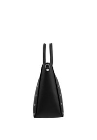 Black textured leather handbag with silver rivets on sides and two slim handles, shown from a side view on a white background.