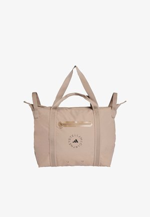 Beige totebag lavet af vævet stof, med dobbelte håndtag, en lynlåslomme og trykt logo på fronten. Glat tekstur.