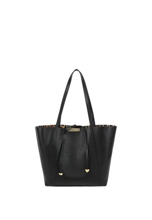 Borsa tote in pelle nera con doppio manico, chiusura a coulisse con estremità a forma di cuore e fodera interna con stampa leopardata visibile nella parte superiore.