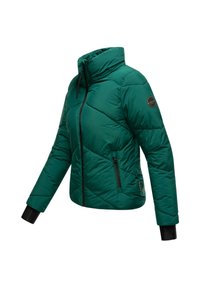 Green padded jacket, high collar, diagonal quilted design, zippered side pocket, black accents, and elastic cuffs. Smooth texture.