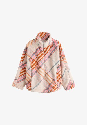 Fleece pullover with a high neck, featuring a multicolored plaid pattern in peach, orange, and blue. Zippered front and oversized fit.