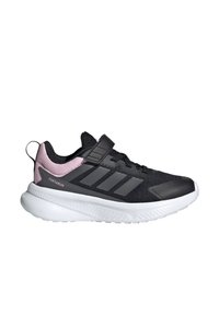 Black athletic shoes with a mesh upper, pink accents, white sole, and Velcro strap. Features three grey stripes on the side.