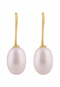Pozłacane kolczyki z owalnymi, jasnoróżowymi perłami o gładkiej powierzchni oraz delikatnym haczykowym zapięciu zapewniającym bezpieczne noszenie.