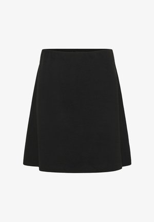 Melnas A-formas svārki, izgatavoti no mīksta auduma. Raksturo gluda tekstūra un elastīga jostasvieta. Vienkāršs, tīrs dizains bez redzamām detaļām.