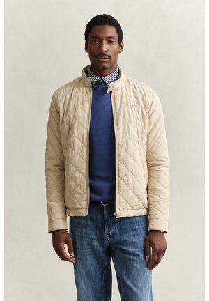 Mann trägt eine beige gesteppte Jacke über einem blauen Pullover, gestreiftem Hemd, Krawatte und blauen Jeans, steht vor einem einfachen hellen Hintergrund.