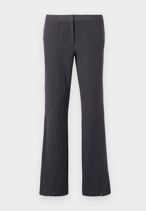 Gray long trousers with a straight leg design, featuring a flat front and side slits at the hem for movement and style. Made from a smooth fabric.