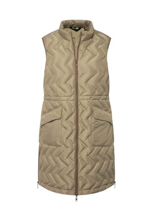 Gequilted mouwloze vest in lichtbeige met hoge kraag, voorritssluiting en twee grote zakken. Heeft een chevronpatroon en zijslits.