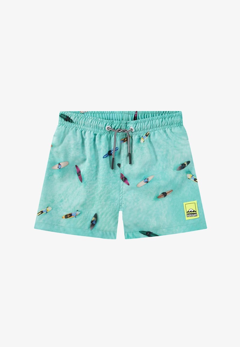 Turkio spalvos maudymosi šortai su raišteliu liemeniui, turintys spalvingų banglenčių raštą ir geltoną logotipo pleistrą.