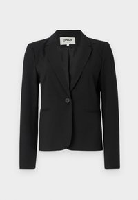 Svart skreddersydd blazer med en enkelt knapp, åpne slag, frontlommer og lange ermer. Laget av glatt stoff med en strukturert design.