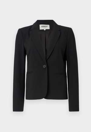 Blazer noir ajusté avec un bouton unique, revers, poches frontales et manches longues. Fabriqué en tissu lisse avec un design structuré.