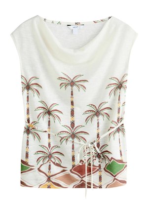 Top blanco sin mangas con cuello bajo, decorado con palmeras estampadas y formas geométricas, con un cinturón fino para atar en la cintura.
