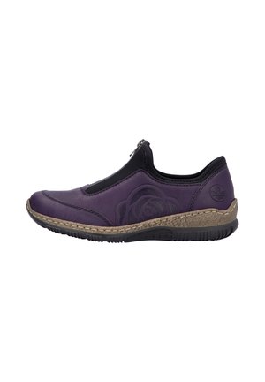 Purple slip-on casual shoe with black elastic top, tan textured midsole, and black rubber sole, featuring embossed floral design on side.