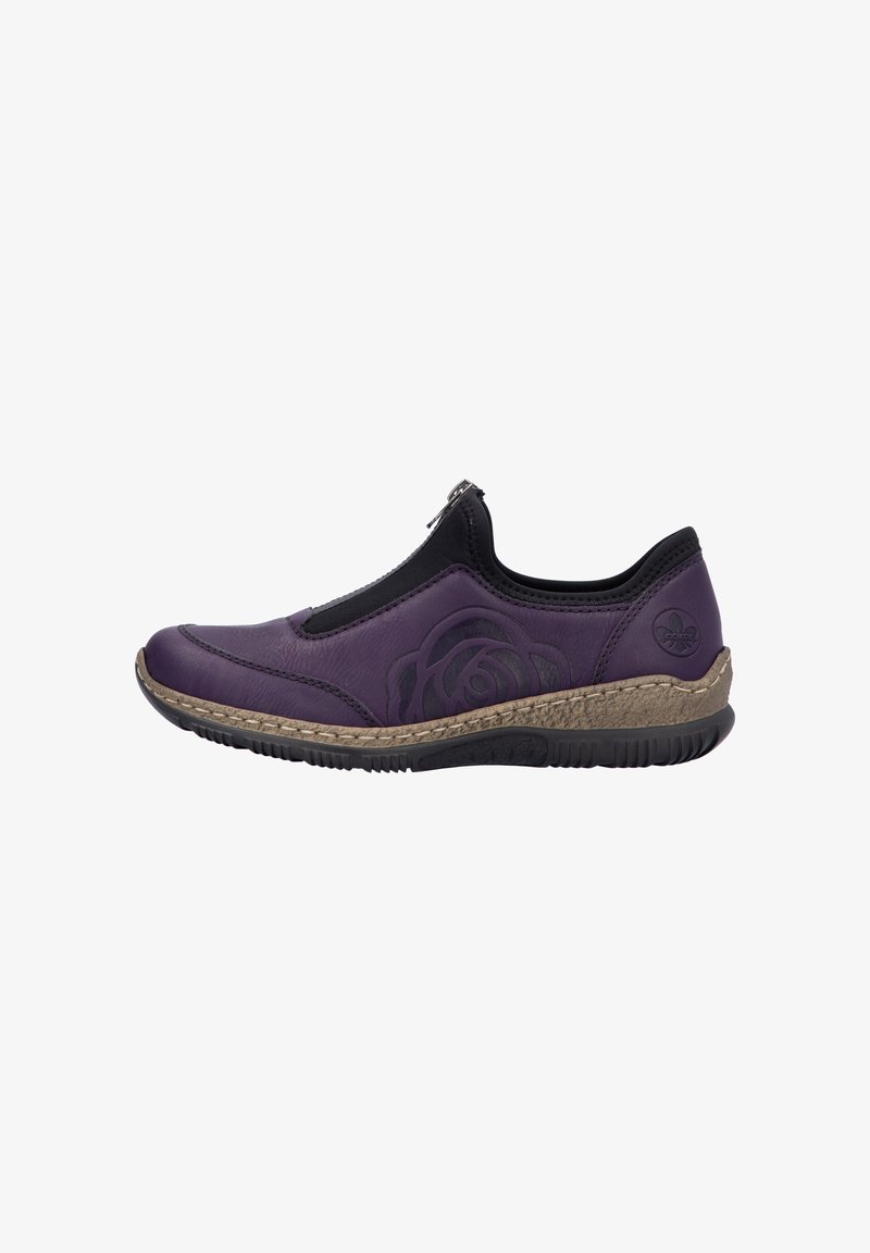 Purple slip-on casual shoe with black elastic top, tan textured midsole, and black rubber sole, featuring embossed floral design on side.