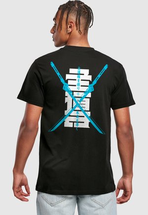 Black t-shirt featuring white and blue graphic design with crossed sword illustrations and Japanese text on the back. Short sleeves, casual fit.