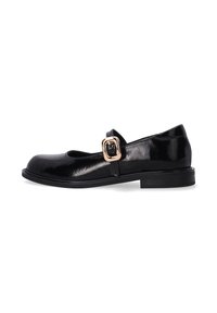 Black patent leather Mary Jane shoe with a rounded toe and a low block heel. Features a buckle strap detail for secure fit.