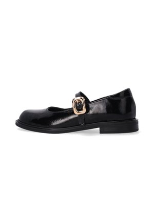 Black patent leather Mary Jane shoe with a rounded toe and a low block heel. Features a buckle strap detail for secure fit.