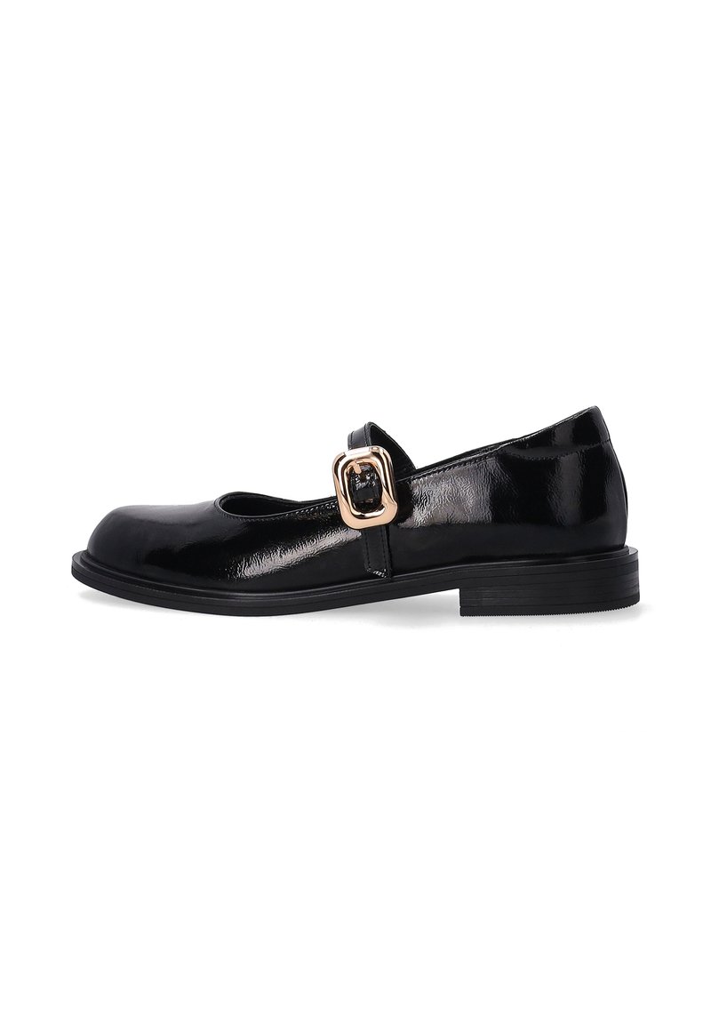 Black patent leather Mary Jane shoe with a rounded toe and a low block heel. Features a buckle strap detail for secure fit.