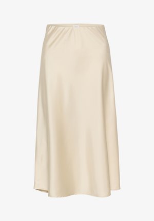 Beidzs satīna A-līnijas svārki ar elastīgu jostasvietu, gluda tekstūra un plūstoša silueta, kas maigi sašaurinās uz apakšmalu.