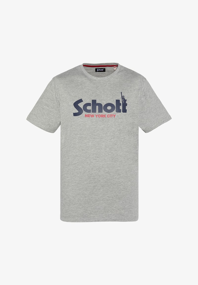 T-shirt en coton gris avec un col rond et des manches courtes. Texte imprimé en bleu foncé et rouge : "Schott NEW YORK CITY."